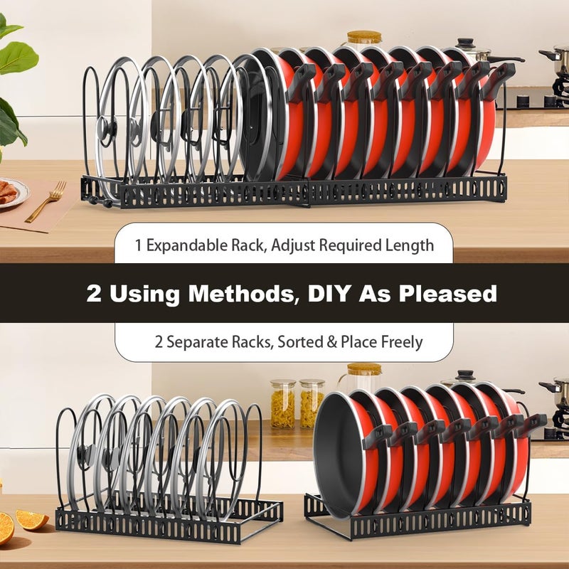 Housolution 2 Pack Pot and Pan Organizer Rack, 12"-23" Expandable Pot Lid Organizer with 14 Adjustable Dividers, Pan Holder Storage Rack for Kitchen Cabinet, Black - Image 4
